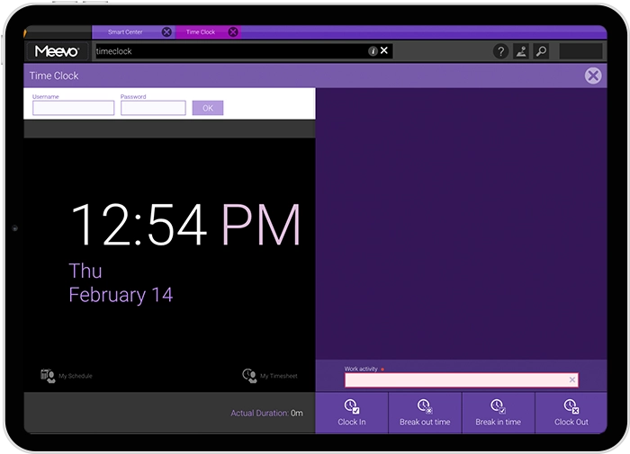 Meevo Time Clock in a tablet