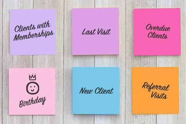 Meevo 2 Marketing Filters: Clients with Memberships, Last Visit, Overdue Clients, Birthday, New Client, Referral Visits